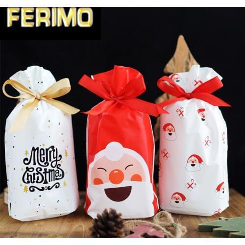 50/100p 23x15cm Christmas Plastic Drawstring Bag Candy Cookie Snack Birthday Party Wedding Decor Gift Bag 2020 New Year Presents