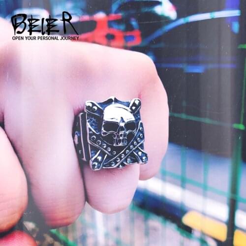 BEIER New Arrival Unique Design Style Stainless Steel Crystal Steel/Gold Colour Skull Ring Punk For Men Rock Jewelry BR-Q026