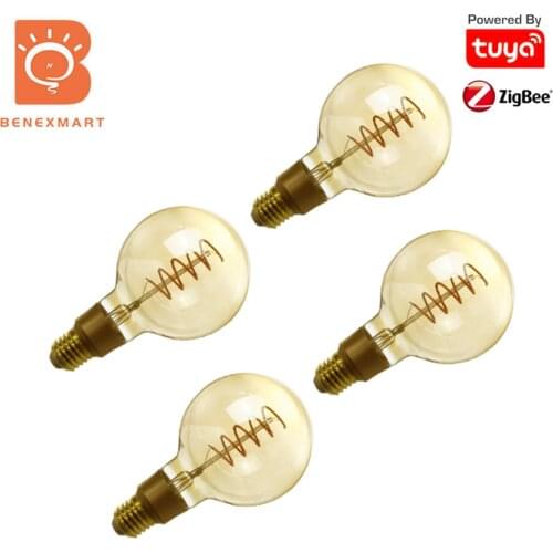 Benexmart 4pcs Zigbee Filament Bulb G95 Led Spiral Tungsten Lamp E27 Base Warm White Tuya Smartthings Alexa Google Home 220v