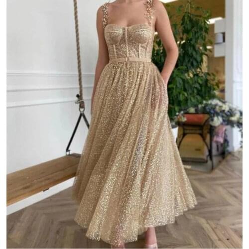 Sparkle Prom Dresses A-line Spaghetti Straps Ankle Length Sequins Dubai Saudi Arabic Short Prom Gown Evening Dresses