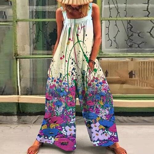 Bohemia Floral Print Rompers Women Casual Sleeveless Pocket Wide Leg Jumpsuits Ladies Summer Beach Party Plus Size Rompers Femme