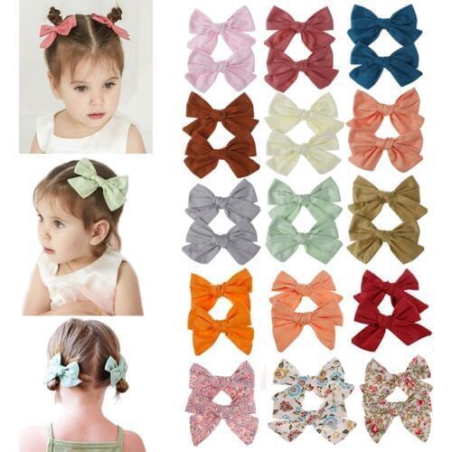 2pcs/set Kids Cute Solid Color Flower Printed Hair Clips Girls Cotton Hair Bows Hairpins Barrettes Children Hair Accessories