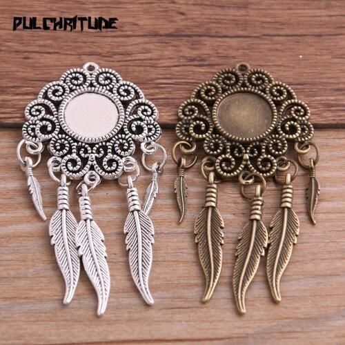 12mm 2pcs Alloy Two Color Vintage Tree Leaf Feather Wings Fame Style Round Cabochon Necklace Pendant For Diy Make