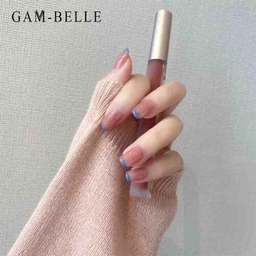 GAM-BELLE Nude Pink Jelly Fake Nails French Blue Tips Short Full Artificial Press On Nails Art Decoration DIY Manicure Tool