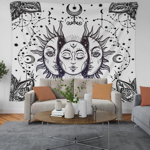 Sun Moon Mandala Tapestry Mysterious Celestial Meditation Psychedelic Runes Art Wall Hanging Tapestries for Living Room Decor