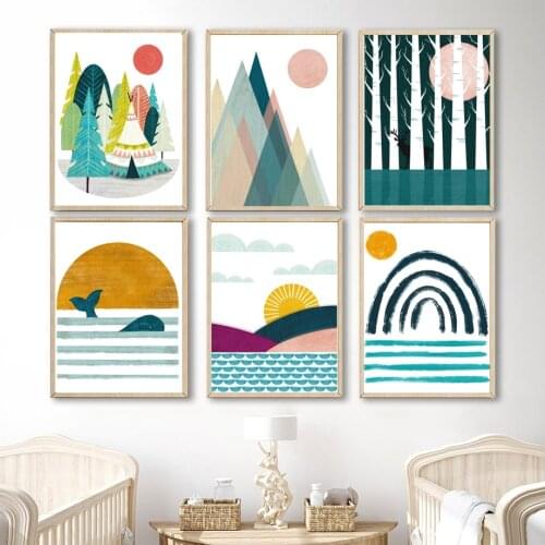 Mountain Forest Sun Rainbow Nursery Art Canvas Painting Nordic Cartoon Posters And Prints Wall Pictures For Baby Kids Room Decor