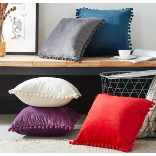 45*45cm Square Decorative Throw Pillow Case Edge Ball Lace Velvet Sofa Pillowcase For Home Bedroom Office Car Cushion Cover
