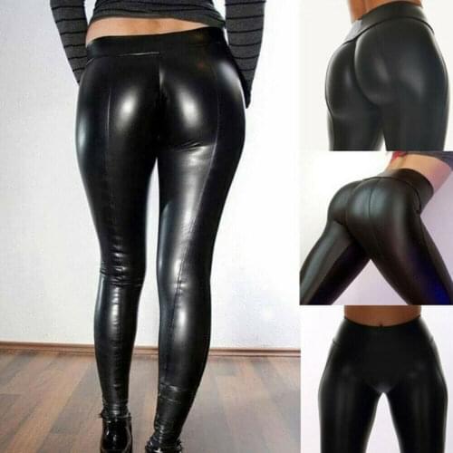 Women Black Wet Look Faux Leather Moto PU High Waist Legging Clubwear Pants Slim Push Up Long Ladies Sex Skinny Leggings