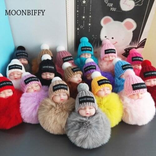 2021 Sleeping Baby Doll Hanging Piece Hair Ball Pendant Cute Fluffy Pompom Chain Cotton Wool Holder Bag Ball Toy