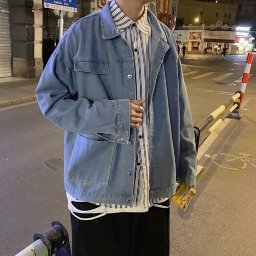 2021 Mens Pure Color Denim Jacket Fashion Trend Lapel Collar Cowboy Coats Blue Color Pocket Decoration Outerwear Size M-2XL