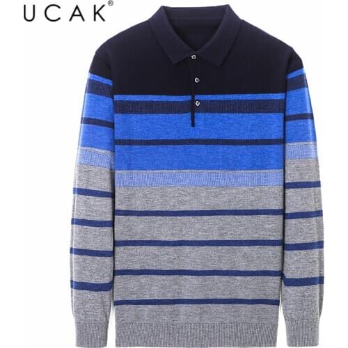 UCAK Brand Men Sweaters 2020 Fashion Casual Striped Sweaters Man Clothes Streetwear Turn-down Collar Pullover Clothing U1061
