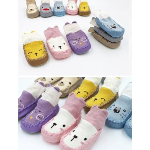 DHL 100pair Cartoon Toddler Shoes Socks Unisex Baby Indoor Floor Leather Sole Thick Towel Sock