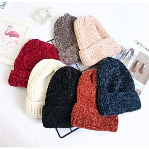 2020 New Fashion Girl Casual Cotton Knitting Beanies Cap Winter Hats For Women Chenille Warm Hat Knitted Skullies Bonnet Femme