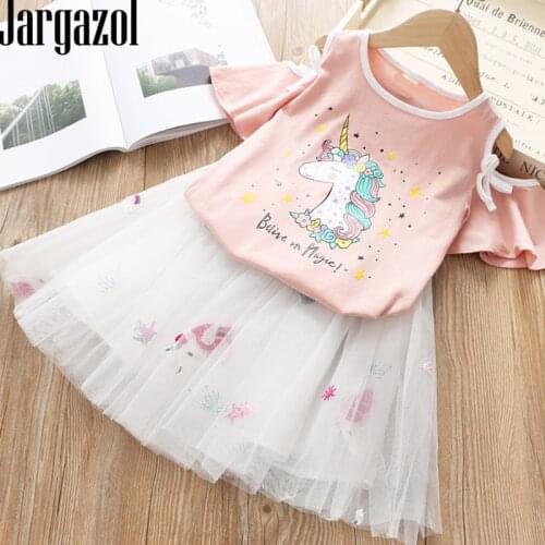 Baby Girl Clothes 2019 Summer Cartoon Unicorn Printed Off Shoulder Shirt&Embroidery Skirt Girls Outfits Children Clothign Set
