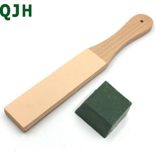 QJH Knife Sharpener Set Wooden Handle Leather Sharpening Strop Handmade Razors Polishing Board And Polishing Wax Leather Paste