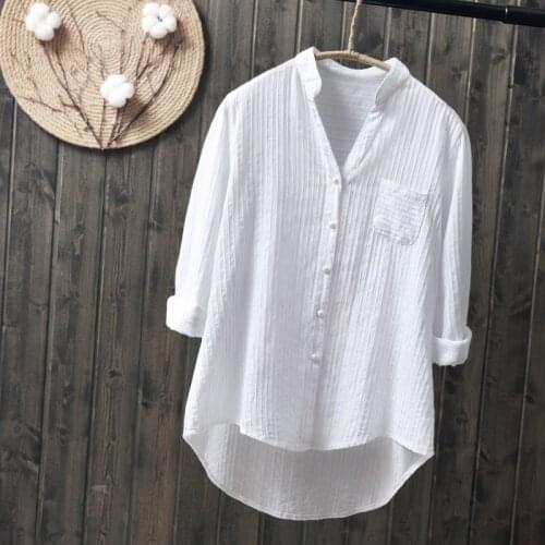 100% Cotton Womem White Shirts 2020 Summer New V-Neck Casual Long-Sleeved Office Lady White Shirts Tops Top Quality