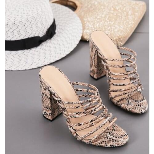 Woman sandals chunky Heels Big Size Patent Leather Snake Print Women Open toed Block Heel Pumps Hollow Height Increasing