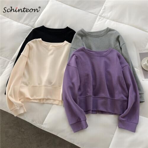 Schinteon Women Casual Solid Color Hoodies Simple Sweatshirt Pullover O-Neck Spring Loose Top New 2021
