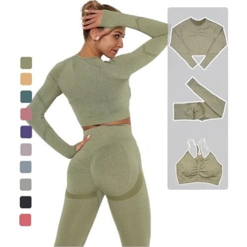 Sports Suit Sports Outfit Fitness Set Wear High Waist Gym Seamless Workout Clothes 2021 Long Sleeve 3 Piece Yoga Sets For Women