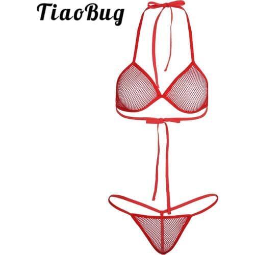 TiaoBug Sexy Women Lingerie Adjustable Straps Underwear Fishnet See-through Bikini Bra Top with Matching Open Butt G-string Set