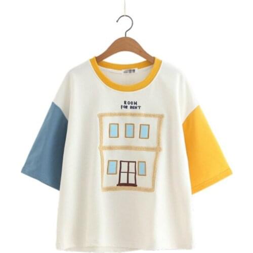XUANHAO summer tshirt women fashion harajuku half sleeve patchwork embroidery cotton t shirt tops cute tee camisetas mujer