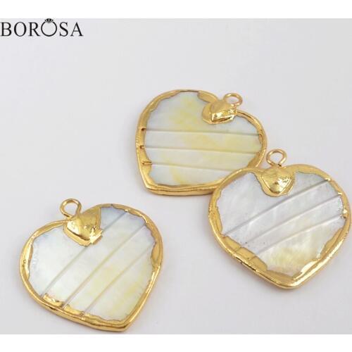 BOROSA Jewelry 10Pcs Wholesale Gold Plating Heart Natural Shell Charm Mother of Pearl White Shell Charms for Necklace G1875