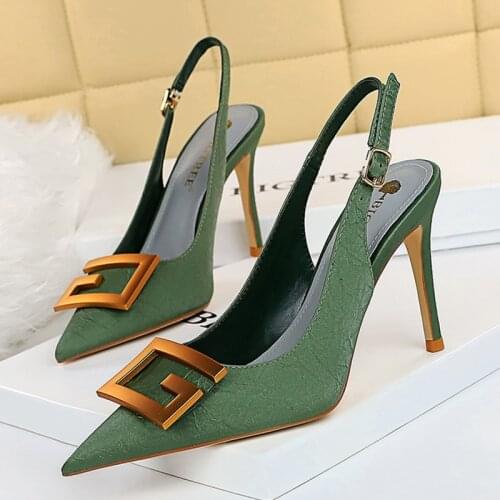 2021 Women 9.5cm High Heels Slingback Sandals Scarpins Office Ladies Green Beige Heels Party Sandals Dress Bridal Shoes Big Size
