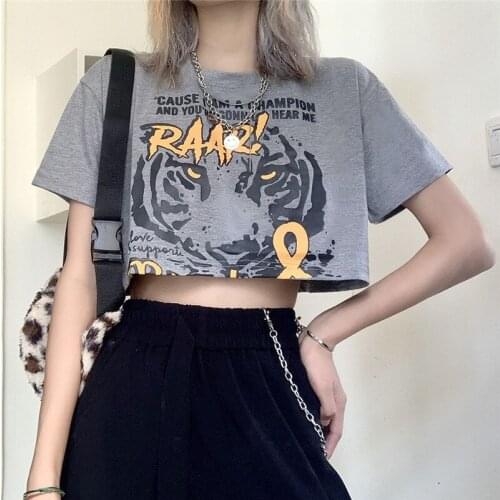 Tiger Print Women Cropped Top Korean T Shirt Sexy Clothes Animal Graphic Tee Short Tshirt Alt Clothing 2021 Festival Outfit