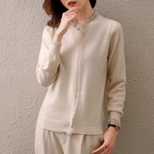 European and American fashion womens 100% wool sweater long-sleeved knitted cardigan 0 collar coat cashmere sweater3 colors New