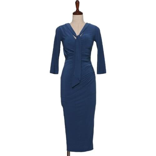 2021 Summer Ladies Commuter Blue Sexy Split Dress Party Group High Waisted Satin Long Dress Elegant V-neck MIDI Dress
