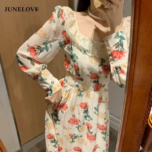 JuneLove Women 2021 Spring Elegant Floral Square Collar Lace Long Sleeve Boho Dress Vintage French Style Office Lady Vestidos