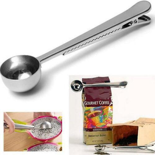 1Pcs Stainless Steel Cup Ground Coffee Measuring Scoop Spoon With Bag Sealing Clip Barwear Spoons