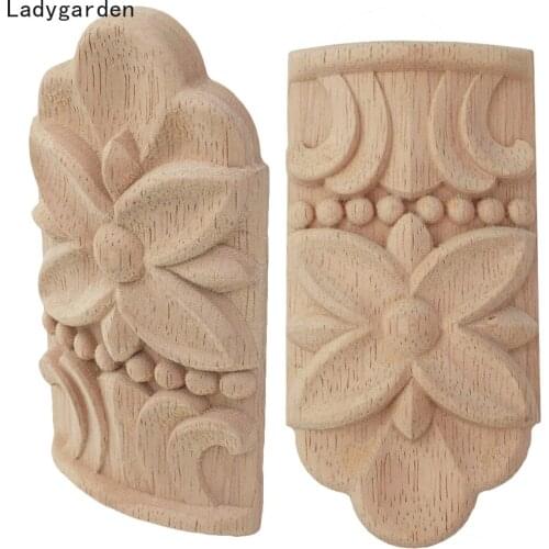 2PCS Wood Carved Applique Frame Sculptures Furniture Decoration Accessories Unpainted Vintage Home Decor Craft Wooden Statues