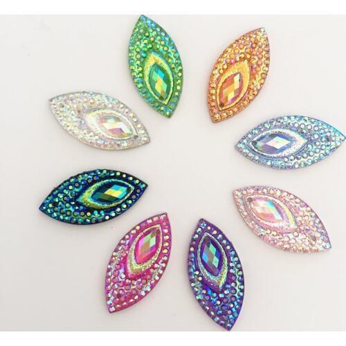 40PCS AB Resin 11*22mm Horse eye Flatback Peacock Rhinestone Ornaments DIY Wedding appliques 2 hole buttons SD34*2