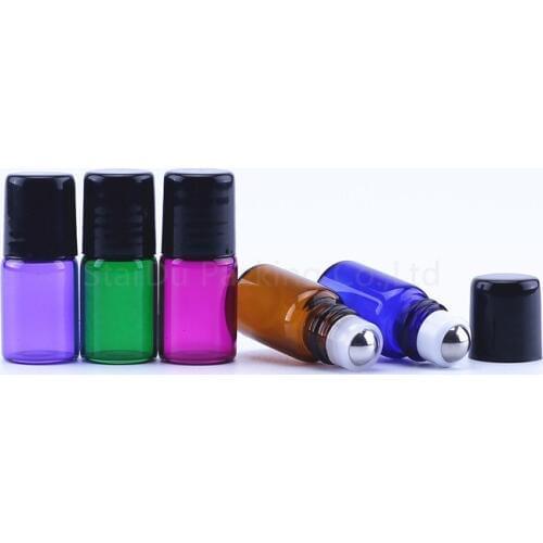 6PC/Pack 2ml Amber blue green Thin Glass Roll on Bottle Sample Test Essential Oil Vials with Roller Metal /Glass Ball