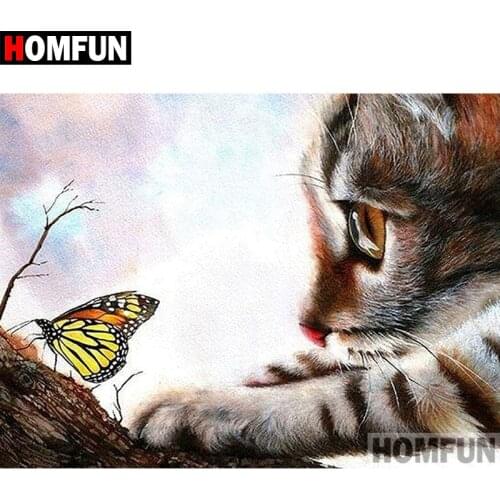 HOMFUN 5D DIY Diamond Painting Full Square/Round Drill "Cat butterfly" 3D Embroidery Cross Stitch gift Home Decor A10015