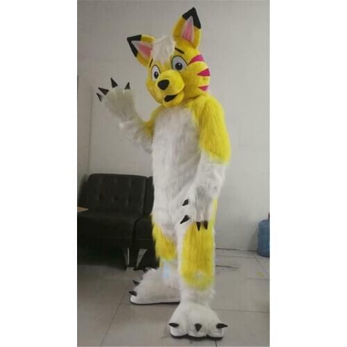 Long Fur Yellow Husky Mascot Costume Cute Dog Mascot Fursuit Cosplay Party Carnival Unisex Adult Size Role-playing Gift Suit