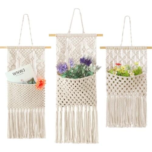 Tapestry Wall hanging basket Cotton Garden Home Decor storage bag Handmade Macrame Plant Hanger artificial flower vase