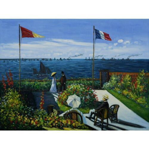 Handpainted Oil Canvas Painting Replica The Terrace at St. Adresse by Claude Monet Oil Painting for Living Room Decor Horizontal