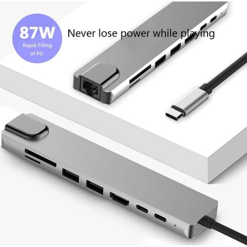 8 in 1 USB-C Hub Aluminum Alloy HD 2 USB 3.0 Adapter PD Charging SD &TF Card Reader RJ45 Portable Laptop Accessories