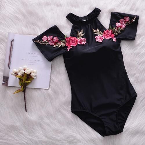 Brand Summer Retro Floral Embroidery Sexy One Pieces Swimwear Women Top Neck Black Push Up Swimsuit Hot Beach Wear Bathing Suit