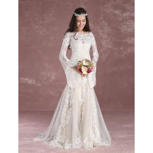 Summer Wedding Dresses 2020 Boho Beach Mermaid Bridal Dress Lace Applique Keyhole Bateau fishtail Champagne Bridal Gown With