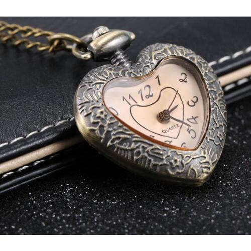 Fashion Vintage Retro Quartz Pocket Watch Love Heart Shape Glass Pendant Sweater Chain Clock Necklace Gifts TT@88