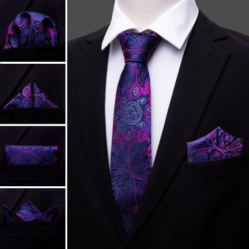 LS-483 Hot Men`s Tie 100% Silk Purple Floral Jacquard Woven Classic Tie+Hanky+Cufflinks Set For Formal Wedding Business Party