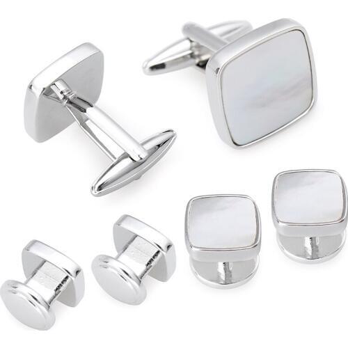 HAWSON Tuxedo 6 Studs Cufflinks Set Square Mother of Pearl Cuff Links Men Jewelry Wedding Gift with Boxes