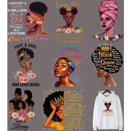 African Girl Clothes Badge Patches Heat Transfer Sweatshirts Tops Heat Press Vinyl DIY Washable Heat Patch Black-CQ