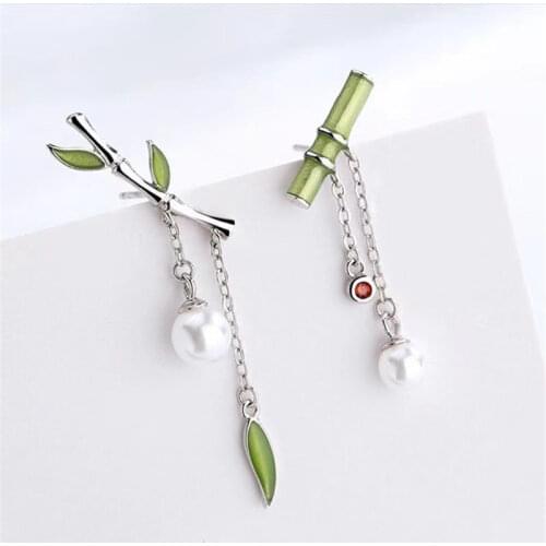2021 new bamboo earrings female retro Chinese style asymmetric small fresh bamboo earrings