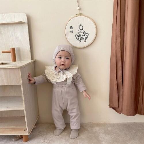 MILANCEL 2021 Autumn New Baby Pajama Set Ruffle Collar Bodysuits Solid Overall And Hat 3 Pcs Infant Boys Sleeper Wear