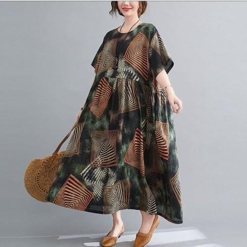 Plus Size Cotton Maxi Dresses For Women Kawaii Summer Sundress Oversize A-Line Female Printed Linen Dress Femme Big Size 4XL 5XL