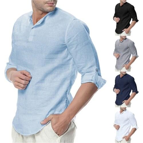 Mens Long Sleeve Shirts Cotton Linen Casual Breathable Comfort Shirt Fashion Style Solid Male Loose Streetwear